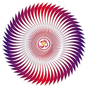 Openwork elegant mandala in red, purple colors. The sign aum, om, ohm in the center