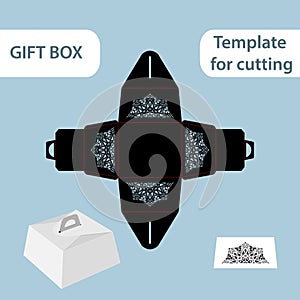 Openwork gift paper box with a handle, lace pattern, assembly without glue, cut out template, packaging for retail, greeting packa