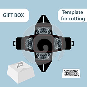 Openwork gift paper box with a handle, lace pattern, assembly without glue, cut out template, packaging for retail, greeting packa