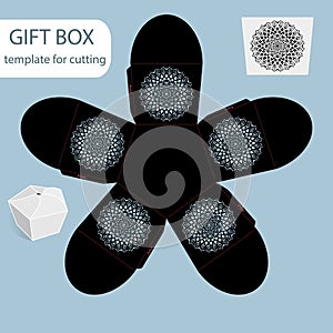 Openwork gift paper box, lace pattern, pentagonal bottom, cut out template, packaging for retail, greeting packaging, laser cutti