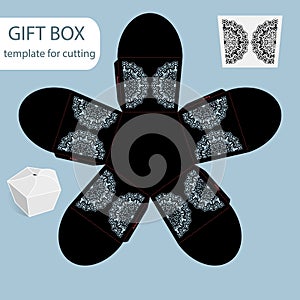 Openwork gift paper box, lace pattern, pentagonal bottom, cut out template, packaging for retail, greeting packaging, laser cutti