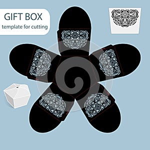 Openwork gift paper box, lace pattern, pentagonal bottom, cut out template, packaging for retail, greeting packaging, laser cutti