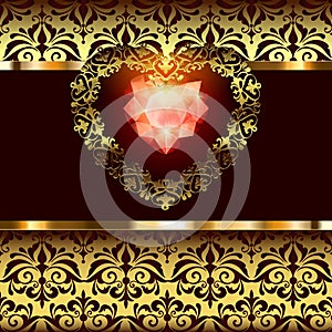 Openwork gold hearts decor with an ornament on an art deco floral background