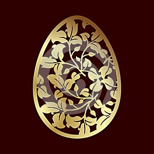 Openwork golden Easter egg with leaves. Laser cutting or foiling