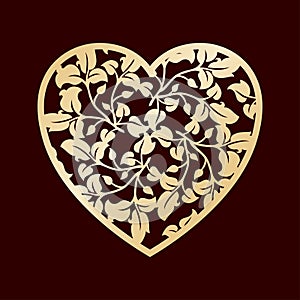 Openwork golden heart with leaves. Vector decorative element. Laser cutting or foiling template.