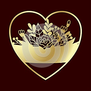 Openwork golden heart with tender flowers. Laser cutting template.