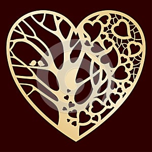 Openwork golden heart with a tree inside. Laser cutting or foiling template.