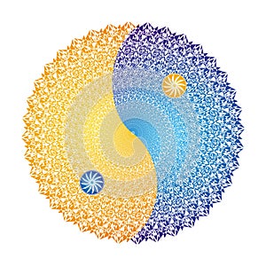 Openwork graphic mandala in the form of a sign of Yin Yang in yellow-blue colors. Vector.