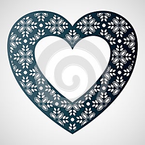 Openwork heart with floral pattern. Vector frame. Laser cutting template.