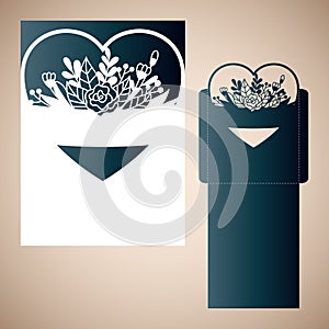 Openwork heart with tender flowers. Vector Laser cutting template.