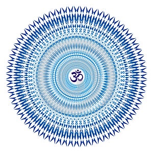 Openwork mandala in blue colors. Aum / Om / Ohm sign in the center. Spiritual and sacred symbol, background.