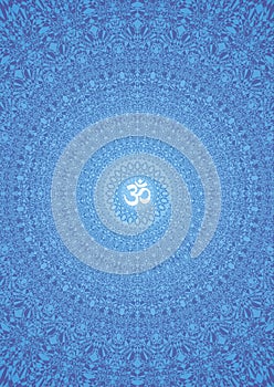 Openwork mandala in blue with the sign aum, om, ohm. Vector graphics.