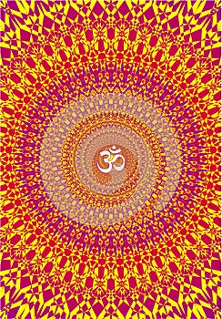 Openwork mandala with the sign aum, om, ohm in red and yellow colors. Spiritual symbol,