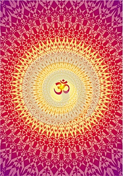 Openwork mandala with the sign aum, om in red and yellow colors. Spiritual symbol,