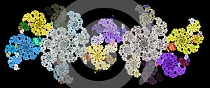 Openwork multi-colored pattern on a black background. Abstract fractal background. 3D rendering.