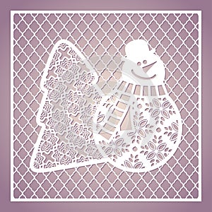 Openwork square card with cute snowman and Christmas tree. Laser