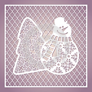 Openwork square card with cute snowman and Christmas tree. Laser photo