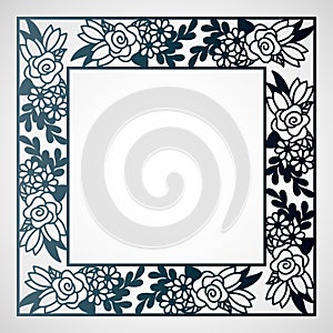 Openwork square frame with floral pattern. Laser cutting template.