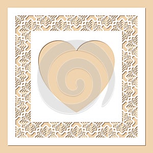 Openwork square frame with flowers and heart inside. Laser cutting template.