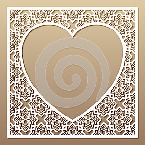 Openwork square frame with heart. Laser cutting template for greeting cards.