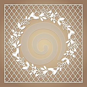 Openwork square frame with wreath of flowers. Laser cutting template