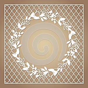 Openwork square frame with wreath of flowers. Laser cutting template photo