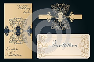 Openwork template for laser cutting. Swirly decorative wedding invitation envelope.