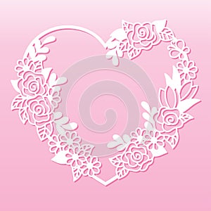 Openwork wreath of flowers in the shape of a heart. Laser cutting template. photo