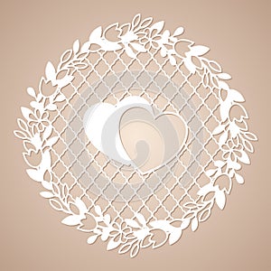 Openwork wreath of flowers with two hearts. Laser cutting template