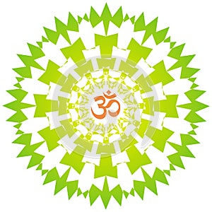 Openwork yellow and green elegant mandala on a white background. The sign aum, om, ohm in the center.