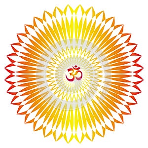 Openwork yellow-orange elegant mandala on a white background. The sign aum, om, ohm in the center.