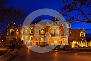 Opera and ballet theater exterior at night