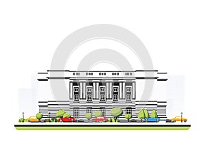 Opera building with columns in flat style with trees and cars. City scene isolated on white background. Urban architecture.