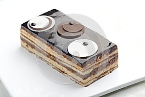 Opera cake on a white background.