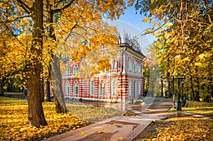 Opera house among golden autumn trees in Tsaritsyno