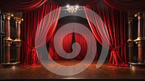 Opera House Red Velvet Theatre Curtains and Wooden Stage Floor. Generative AI