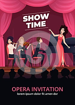 Opera invitation. Night show performance placard with music band orchestra and singers swanky vector cartoon template