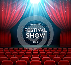 Opera show stage interior with red curtain, spotlight and theater chairs. Theater poster of festival night shows. Vector