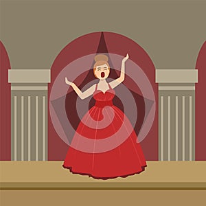 Opera Singer In Red Dress Performing On Stage