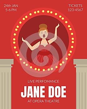 Opera Singer Singing on Stage Poster, Classical Music Live Concert Flyer, Banner Vector Illustration