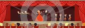 Opera singers singing on stage with symphonic orchestra before the audience horizontal vector Illustration