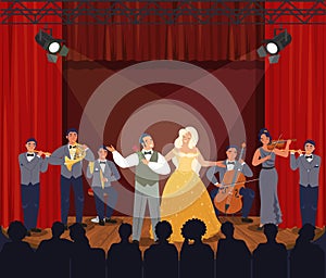 Opera theater scene with red curtains. Musicians and actors performing on stage, vector illustration. Entertainment.