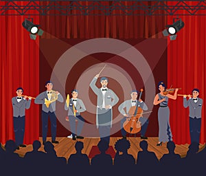 Opera theater scene. Symphony orchestra performing on stage, vector illustration. Classical music concert, performance.