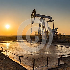 operating oil and gas well contour, outlined on sunset