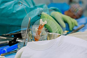 An operating room in a hospital is equipped with clamps, forceps, all technological equipment necessary for open heart