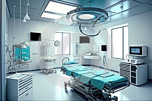 An operating room with an operating bed