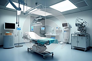 An operating room with an operating bed