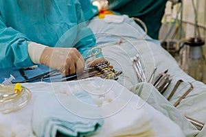 Operating room ready for operation nurse preparing medical instruments for operation