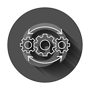 Operation project icon in flat style. Gear process vector illustration on black round background with long shadow. Technology