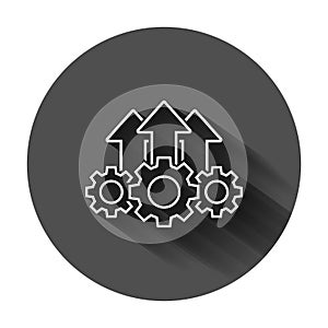 Operation project icon in flat style. Gear process vector illustration on black round background with long shadow. Technology